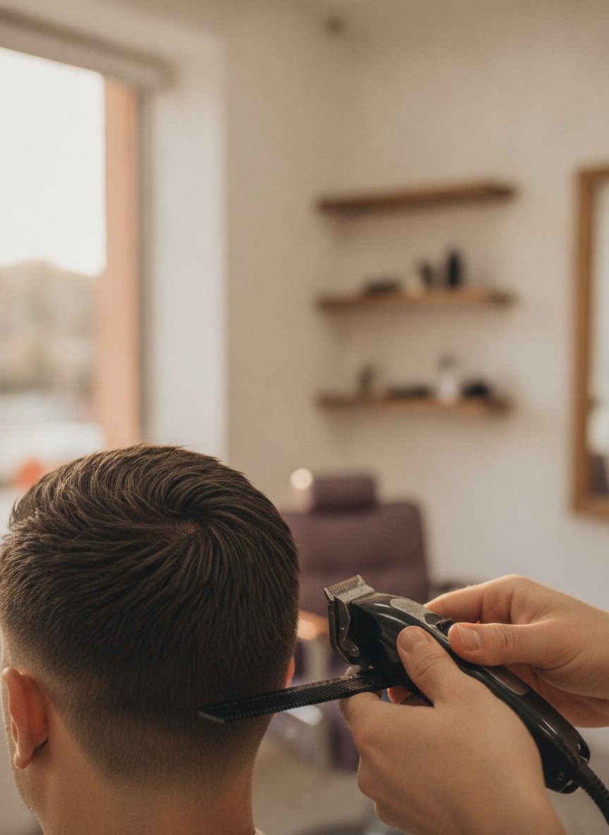 A barber finishing a clean taper on the back of a client's head in bright daylight